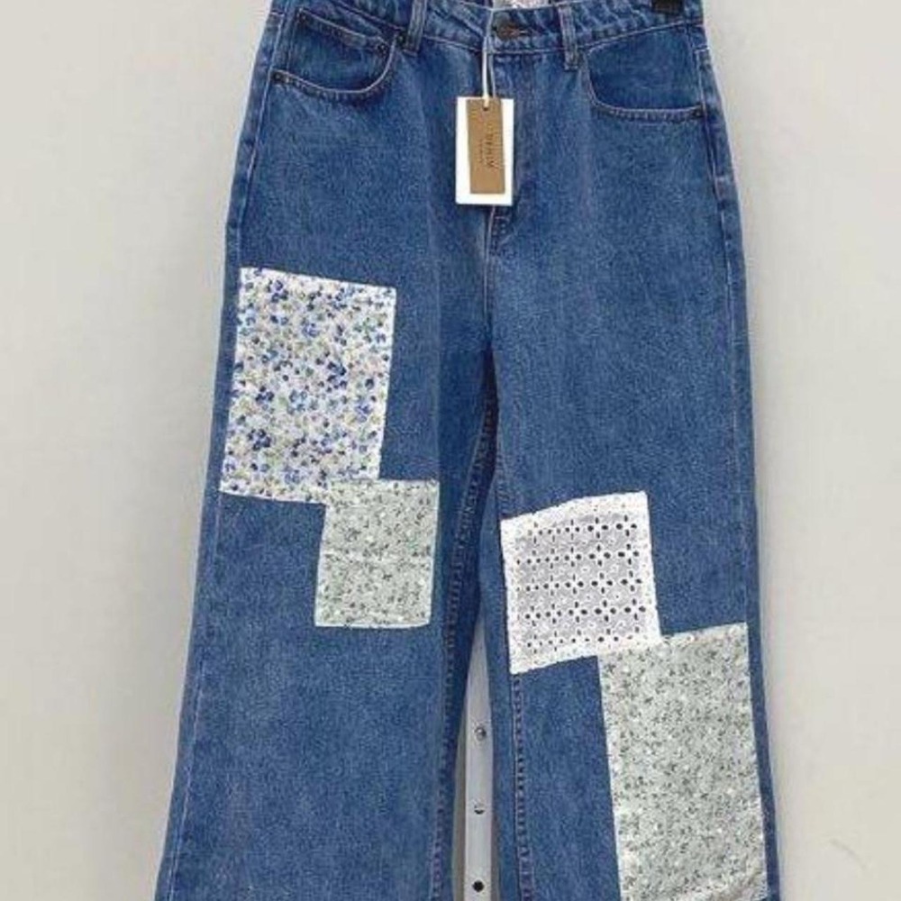 Ghanda patchwork denim jeans with floral and textured fabric patches Size 12